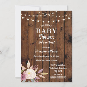 Baby Shower Girl Floral Wood Lights Rustic Invite