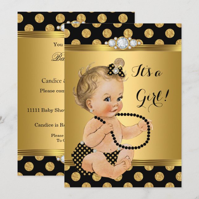 Baby Shower Girl Gold Foil Black Pearls Blonde Invitation (Front/Back)