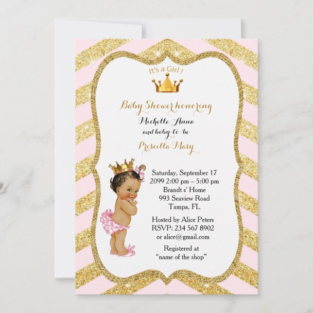 Baby Shower GIRL,golden chevron,white & gold v2 Invitation (Front)