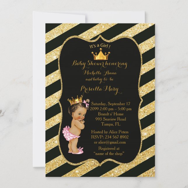 Baby Shower GIRL,golden strips,black gold v2 Invitation (Front)