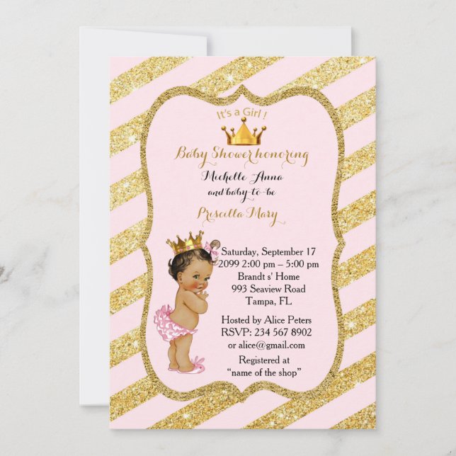 Baby Shower GIRL,golden strips,blush pink gold v2 Invitation (Front)