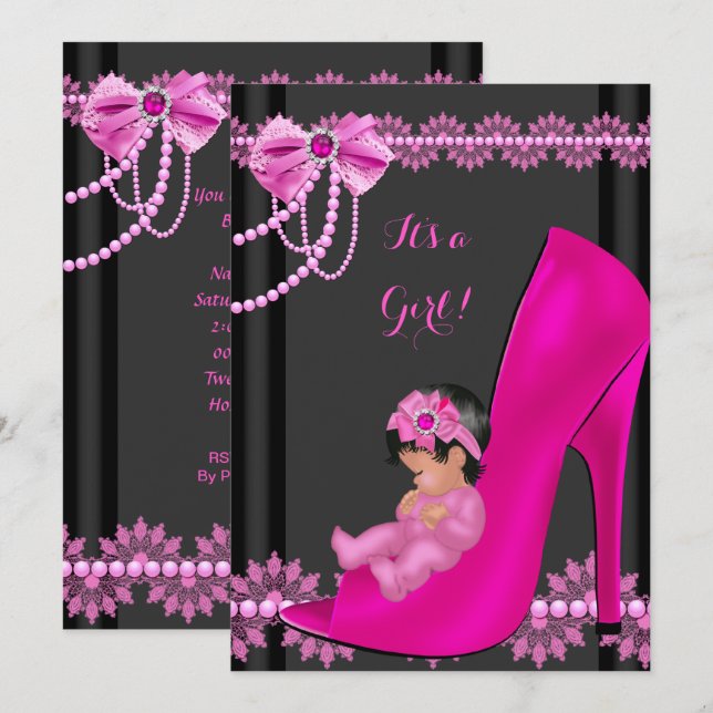 Baby Shower Girl Hot Pink Baby Shoe Lace 3 Invitation (Front/Back)