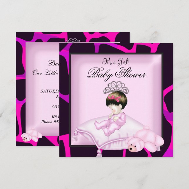 Baby Shower Girl Hot Pink Black Tiara Invitation (Front/Back)
