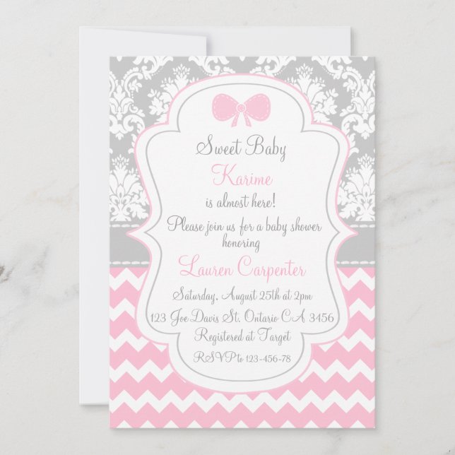 Baby shower girl invitation pink chevron and grey (Front)