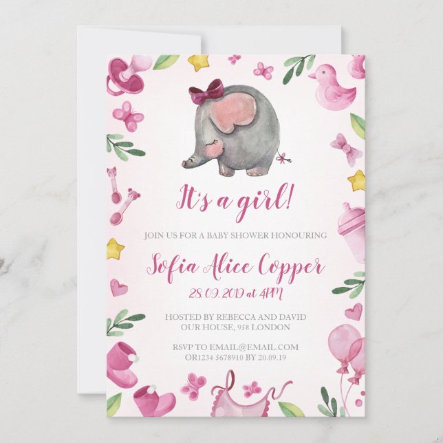 Baby shower girl Invitation | Pink | Elephant (Front)