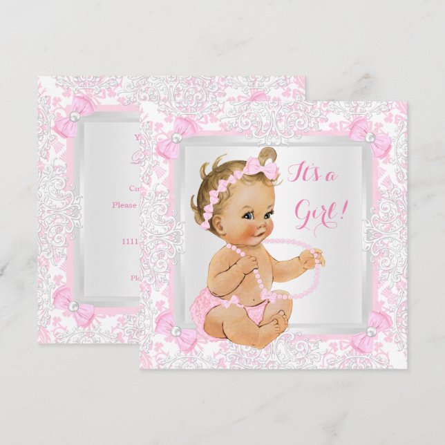 Baby Shower Girl Lace Damask Pink Blonde Invitation (Front/Back)
