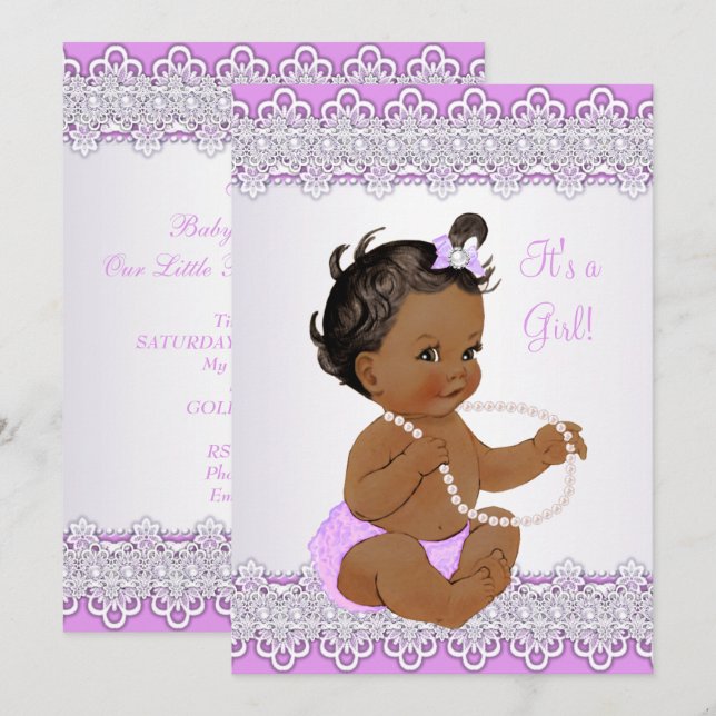 Baby Shower Girl Lavender Lace Pearl Ethnic Invitation (Front/Back)