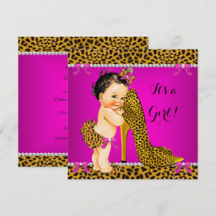 Baby Shower Girl Leopard High Heel Pink Brunette Invitation