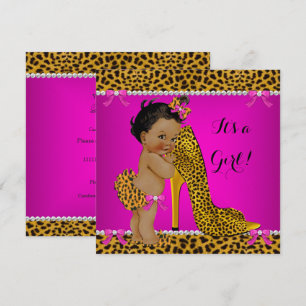 Baby Shower Girl Leopard High Heel Pink Ethnic Invitation