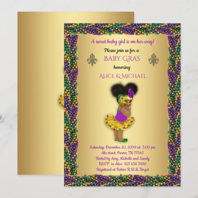 Baby Shower Girl,Mardi Gras Girl,gold, pearl colou Invitation (Front/Back)