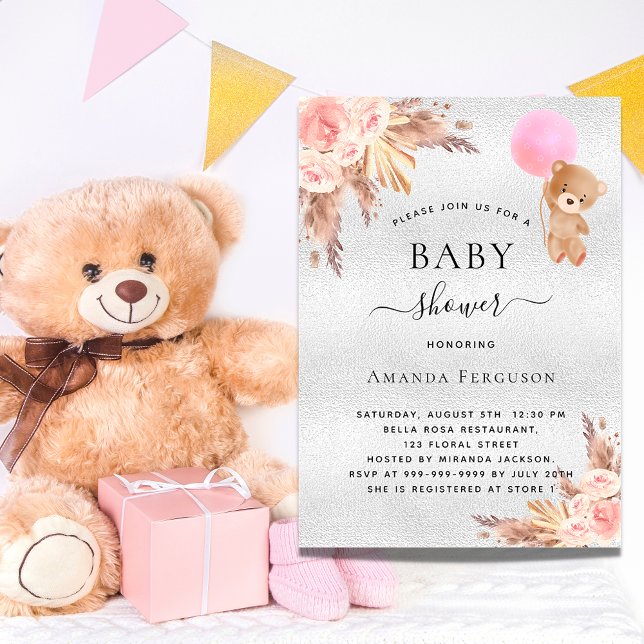 Baby shower girl pampas grass teddy bear silver invitation (Creator Uploaded)