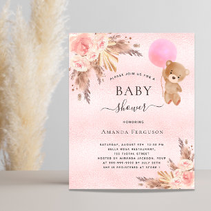 Baby shower girl pampas teddy bear invitation