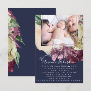 Baby Shower Girl Photo Navy Roses Floral Invitation