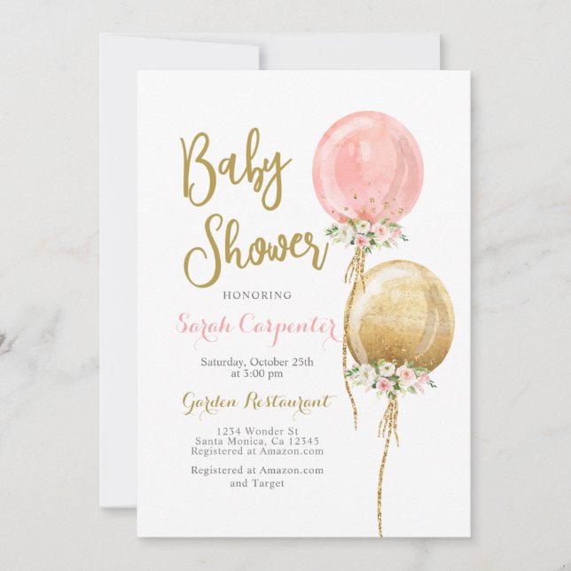 Baby Shower girl pink and gold balloons Invitation (Front)