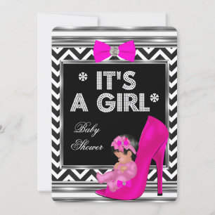 Baby Shower Girl Pink Baby Shoe Chevron Invitation