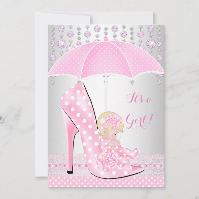 Baby Shower Girl Pink Baby Shoe Diamond A2 Invitation (Front)