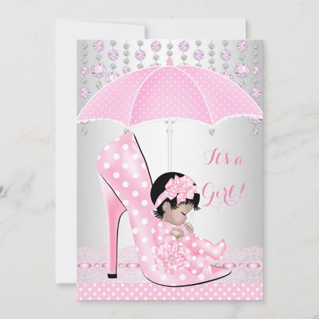 Baby Shower Girl Pink Baby Shoe Diamond A4 Invitation (Front)