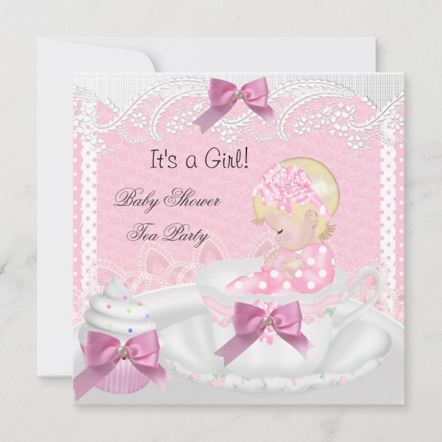 Baby Shower Girl Pink Baby Teacup Cupcake Blonde Invitation (Front)