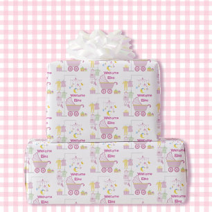 Baby Shower Girl Pink Bassinet Add Name & Text Wrapping Paper