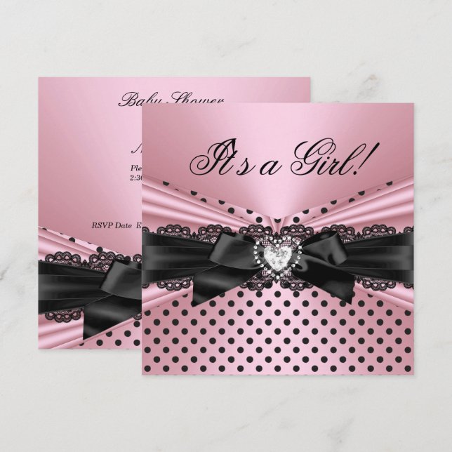 Baby Shower Girl Pink Black Lace Polka Dots Invitation (Front/Back)
