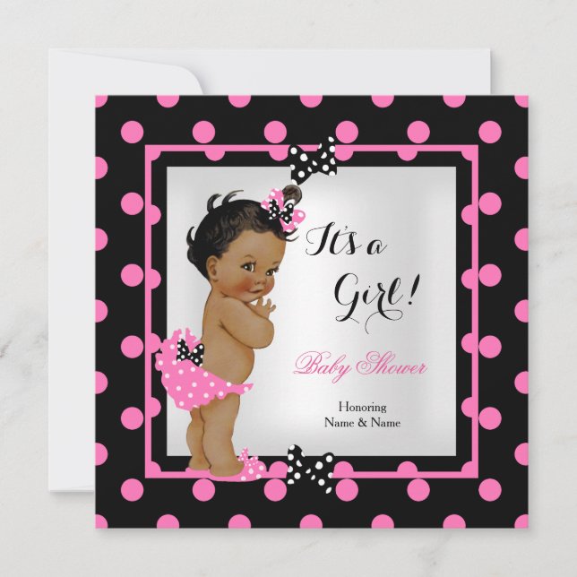 Baby Shower Girl Pink Black Polka Dots Ethnic Invitation (Front)