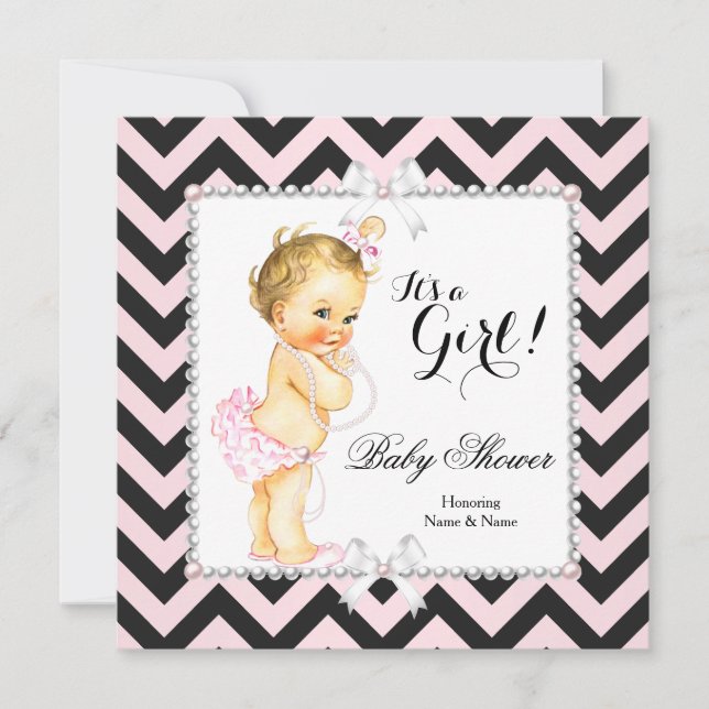 Baby Shower Girl Pink Black Stripe White Blonde Invitation (Front)