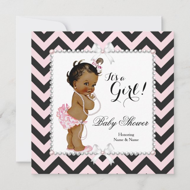Baby Shower Girl Pink Black Stripe White Ethnic Invitation (Front)