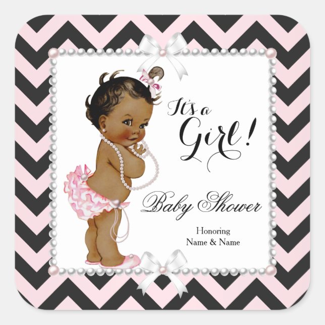 Baby Shower Girl Pink Black Stripe White Ethnic Square Sticker (Front)