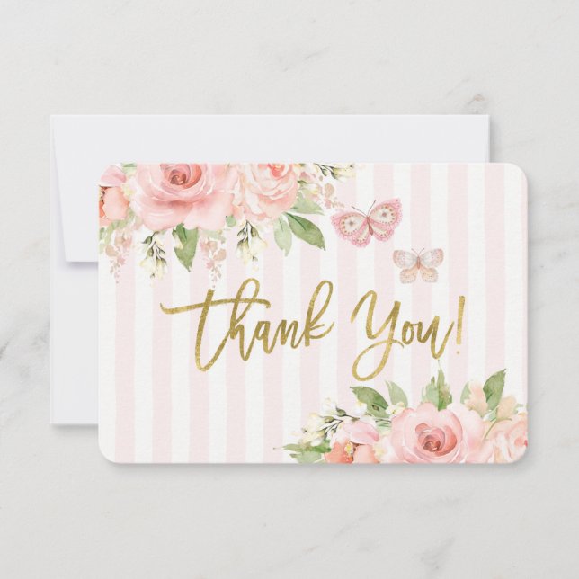 Baby shower girl pink butterfly thank you card (Front)