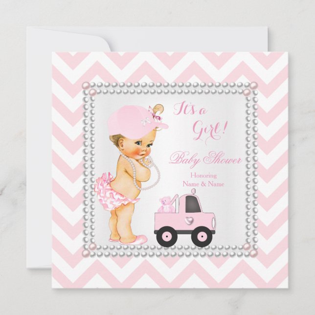 Baby Shower Girl Pink Cap Truck Bear Blonde Invitation (Front)