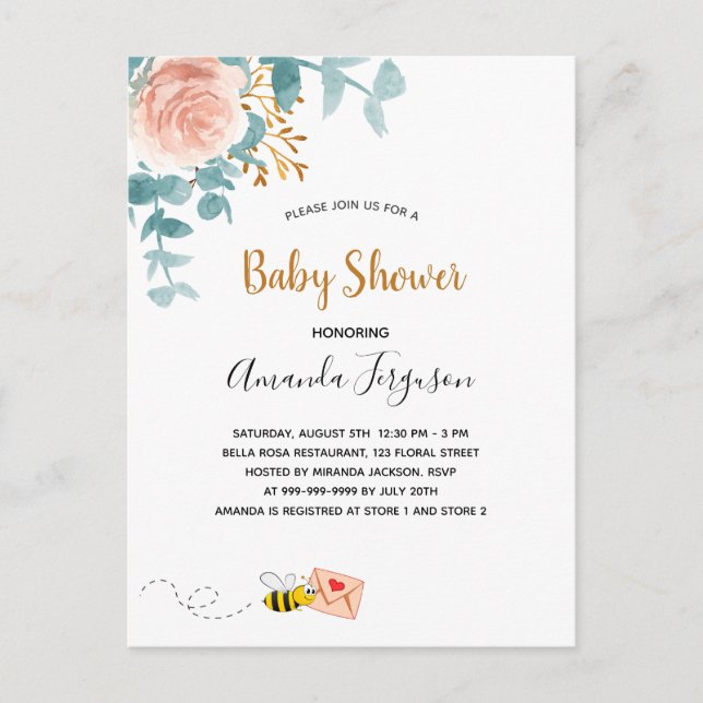 Baby Shower girl pink floral greenery mum to bee Postcard (Front)