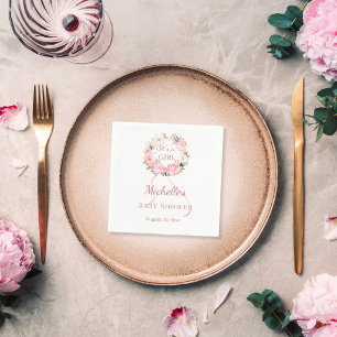 Baby Shower girl pink florals wreath Napkin