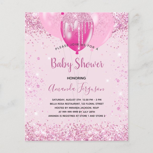 Baby Shower girl pink glitter budget invitation Flyer (Front)