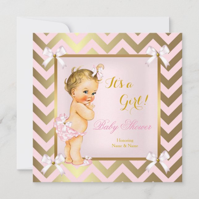 Baby Shower Girl Pink Gold Chevron Blonde Invitation (Front)