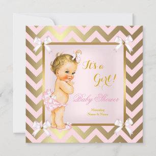 Baby Shower Girl Pink Gold Chevron Blonde Invitation