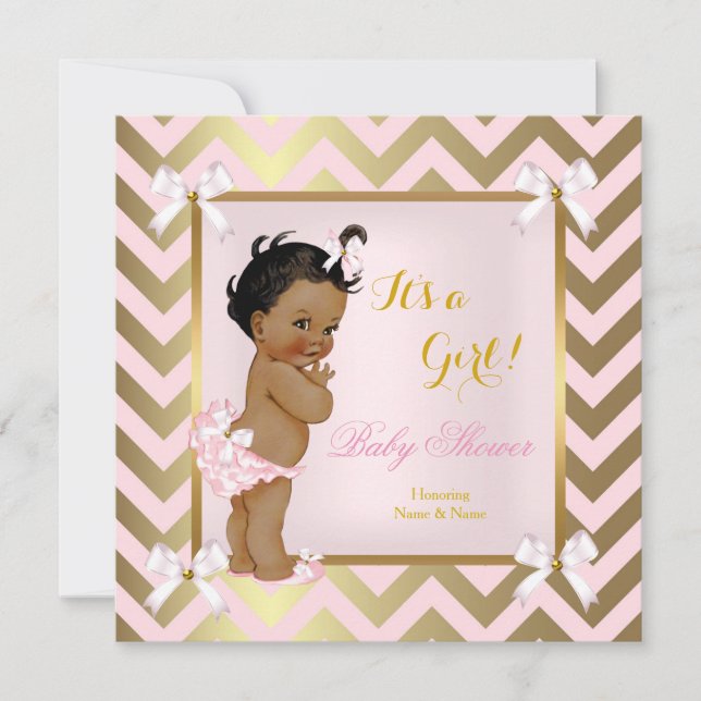 Baby Shower Girl Pink Gold Chevron Ethnic Invitation (Front)