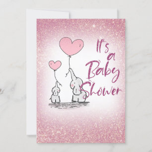 Baby Shower Girl Pink Gradient Glitter Elephants Invitation