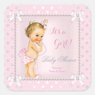 Baby Shower Girl Pink Grey Pearl Blonde Square Sticker