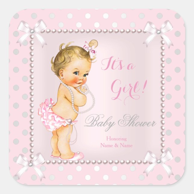 Baby Shower Girl Pink Grey Pearl Blonde Square Sticker (Front)