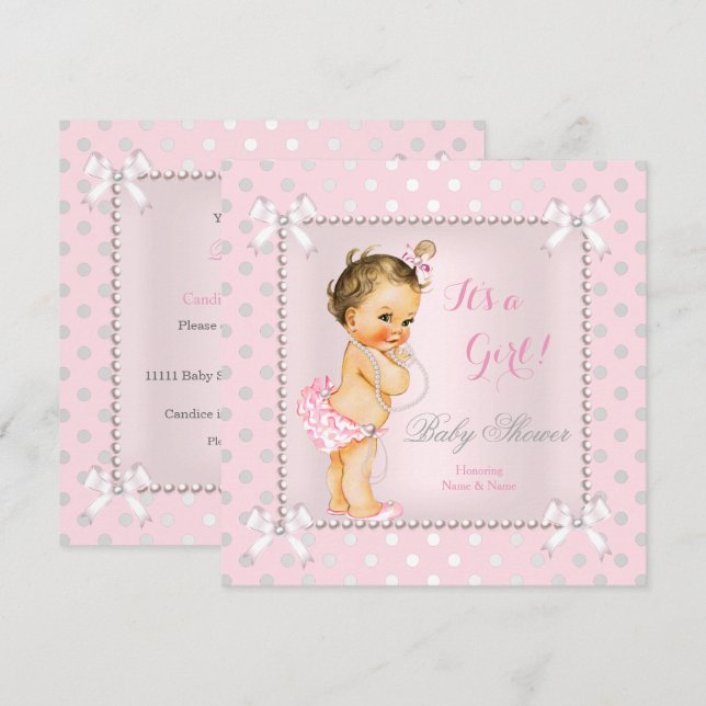 Baby Shower Girl Pink Grey Pearl Brunette Invitation (Front/Back)