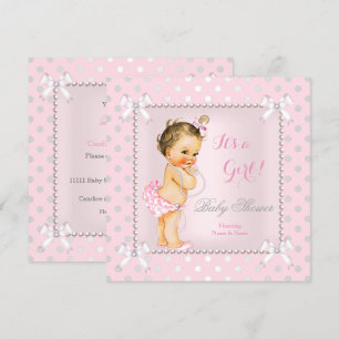Baby Shower Girl Pink Grey Pearl Brunette Invitation