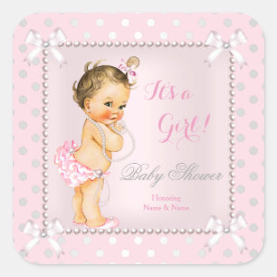 Baby Shower Girl Pink Grey Pearl Brunette Square Sticker