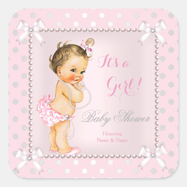 Baby Shower Girl Pink Grey Pearl Brunette Square Sticker (Front)