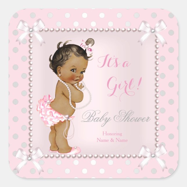 Baby Shower Girl Pink Grey Pearl Ethnic Square Sticker (Front)