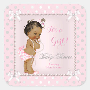 Baby Shower Girl Pink Grey Pearl Ethnic Square Sticker