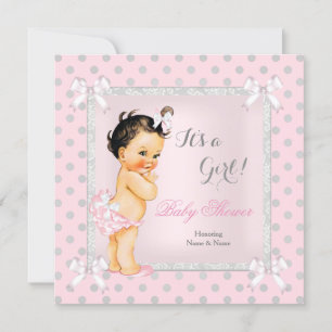 Baby Shower Girl Pink Grey Polka Dot Brunette Invitation
