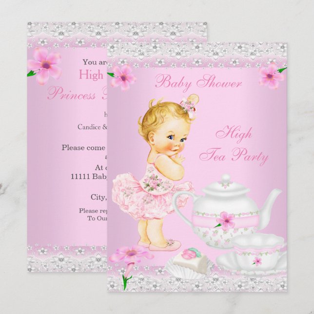 Baby Shower Girl Pink High Tea Party Blonde Invitation (Front/Back)