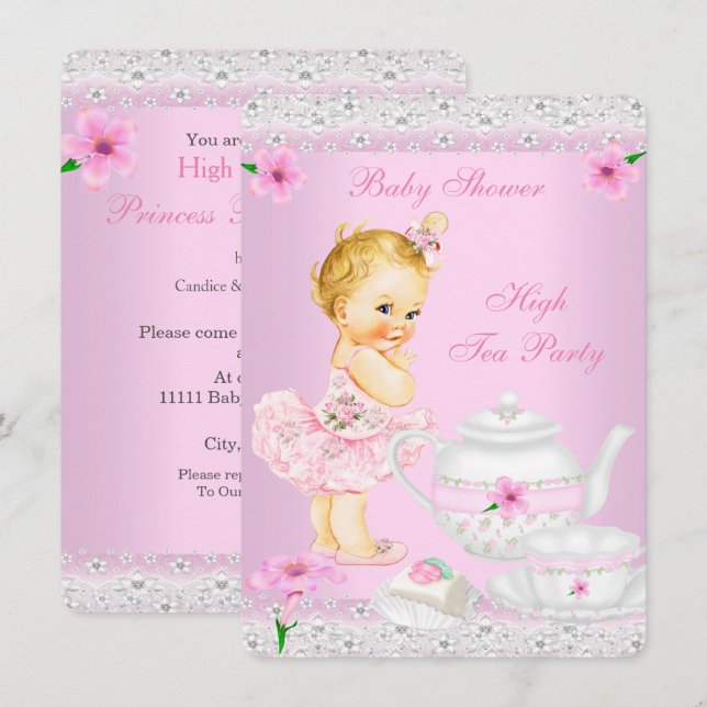 Baby Shower Girl Pink High Tea Party Blonde Invitation (Front/Back)
