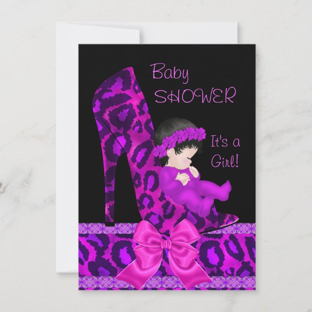 Baby Shower Girl Pink Magenta Purple Shoe Leopard Invitation (Front)