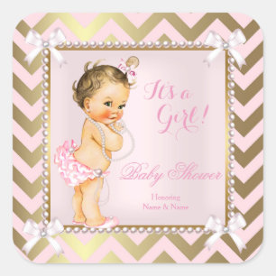 Baby Shower Girl Pink Pearl Gold Chevron Brunette Square Sticker